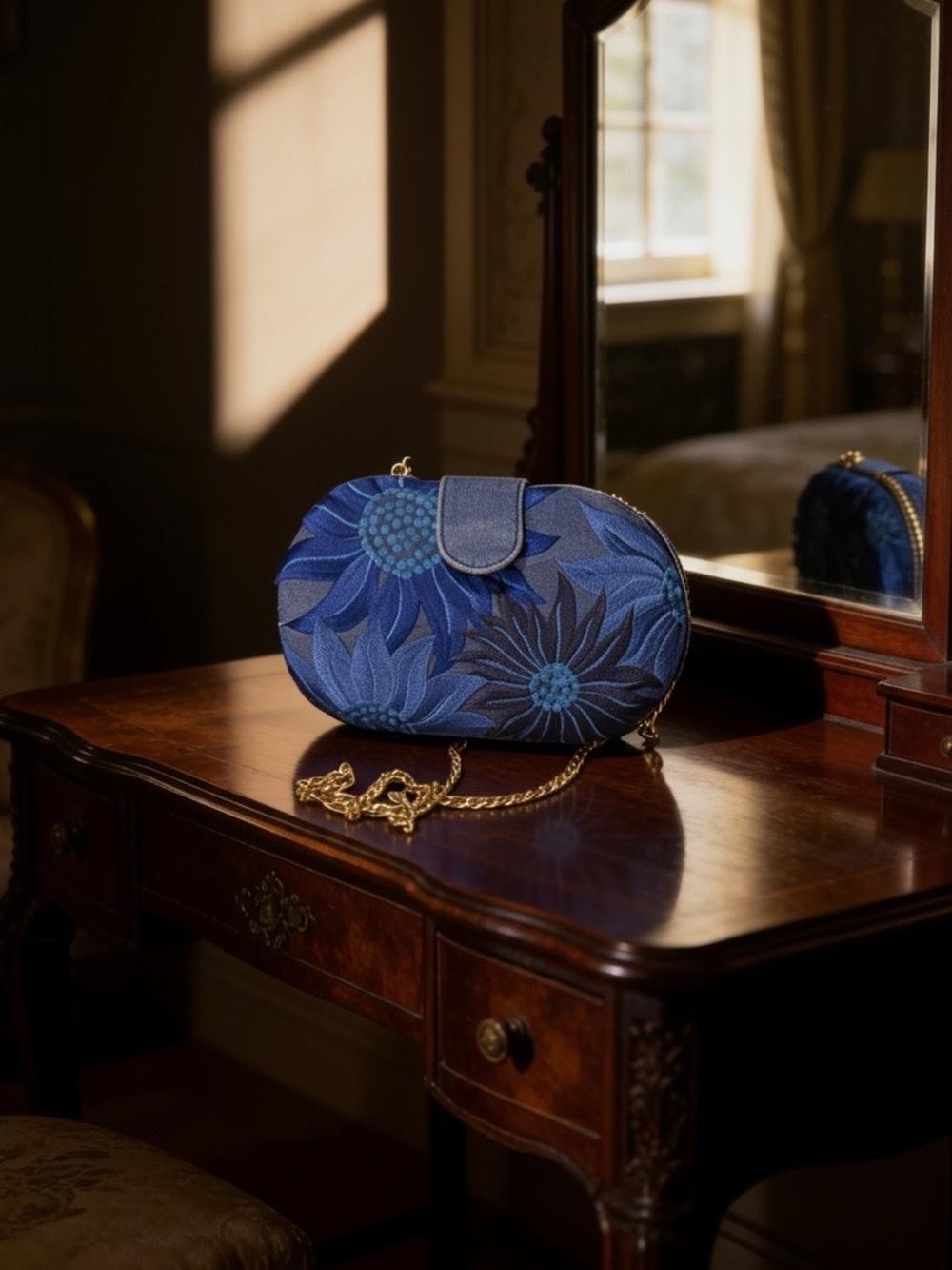 J. Renée RARE Hard Shell Vibrant Embroidered Blue Floral Design Crossbody - Picture 1 of 12
